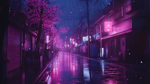 Neon rain street with cherry blossoms in cyberpunk glow.