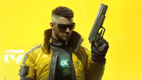 Augmented urban operative with kinetic sidearm in neon field.