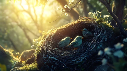 Sunlit nest chorus of baby birds in a softly glowing grove.