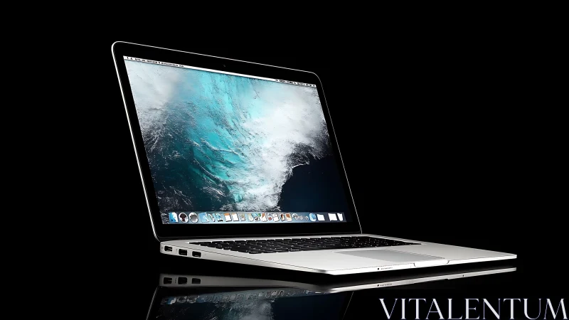 Photorealistic aluminum laptop profile with reflective black studio backdrop.