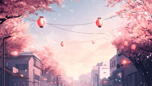 Street scene shows lanterns suspended above urban roadway