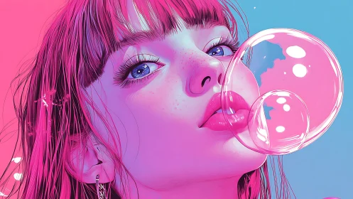 Neon daydream girl blowing glossy pink bubblegum spheres.