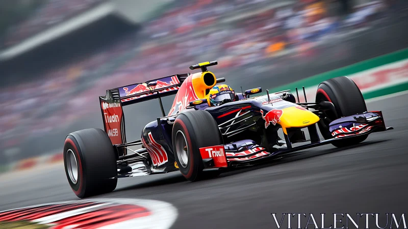 Red Bull Formula race car attacking high-speed circuit corner.