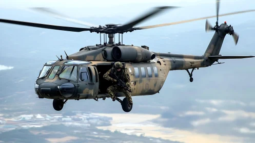 Military helicopter carries armed soldier in open side doorway