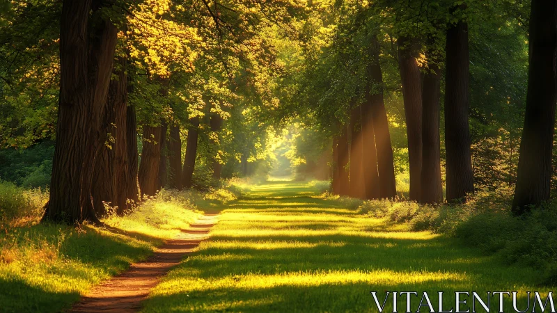 Sunlit forest pathway with tall trees and warm golden light.