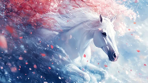White stallion galloping through cherry blossoms and mist