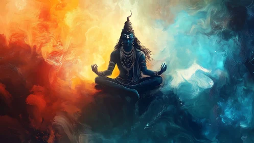 Shiva meditates amid swirling fire and ice cosmic clouds