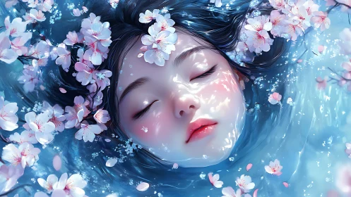 Hydrodynamic portrait of submerged face with sakura blossoms.