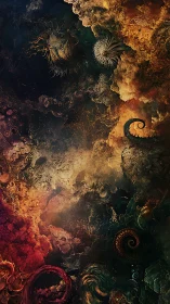 Abstract fractal forms within swirling multicolor clouds.