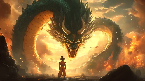 Fiery sky unfolds as a brave hero meets a roaring dragon