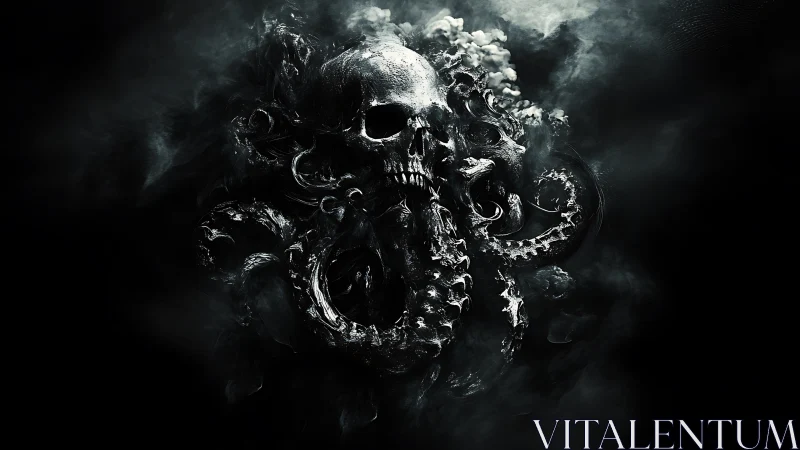 Dark skull and tentacle fusion in drifting shadowed smoke.
