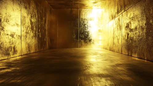 Empty metallic corridor with reflective golden walls.