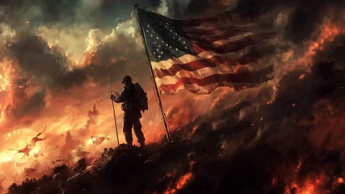 Solitary Sentinel Defies Inferno With Stars and Stripes