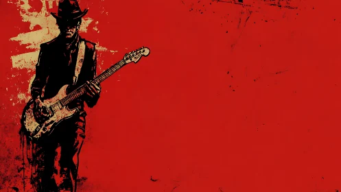 Electric guitarist silhouette on distressed red field.