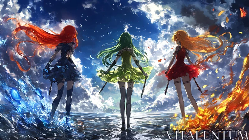 Elemental anime trio stands against turbulent sky and sea