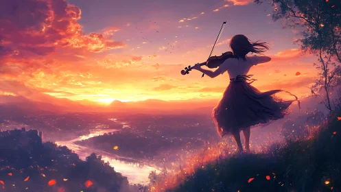 Silhouette violinist stands on hillside overlooking glowing sunset