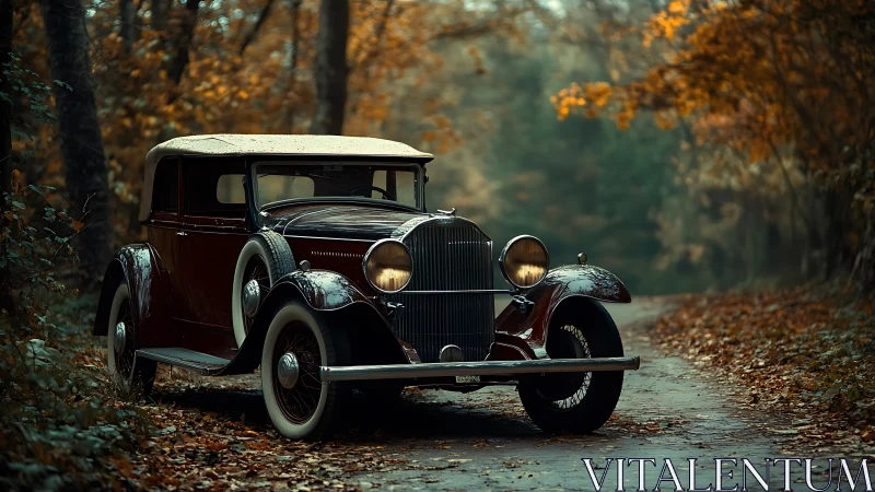 Vintage coupe stands on forest road amid autumn foliage