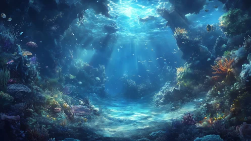 Sunlit digital coral reef with fish in clear blue water.