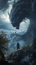 Lone cloaked warrior confronts colossal storm-born shadow beast