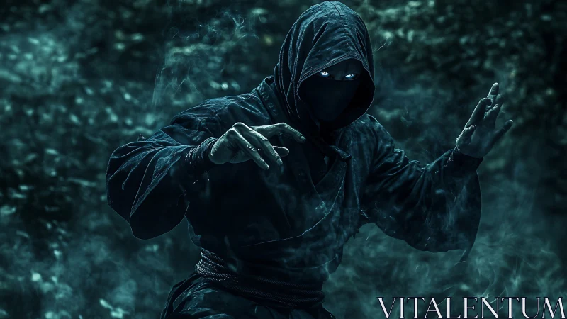 Stealth ninja fighter in smoky teal low key cinematic lighting.
