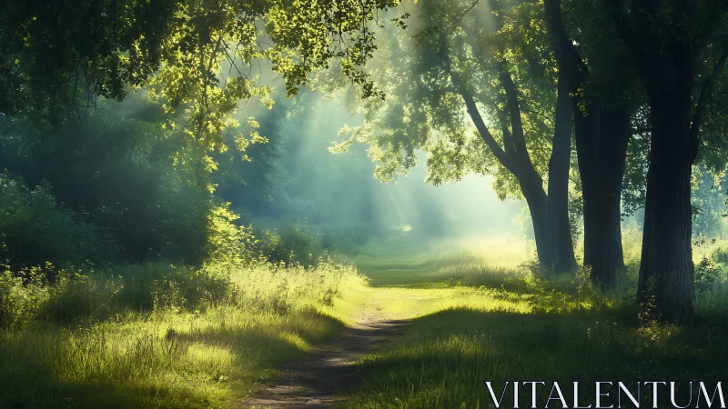 Sunlit Forest Path with Lush Greenery in Dreamy Morning Light.
