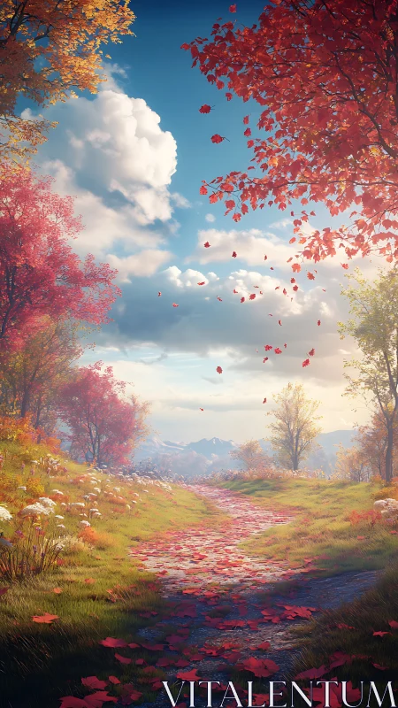 Autumn forest path curves through colorful trees and drifting leaves.