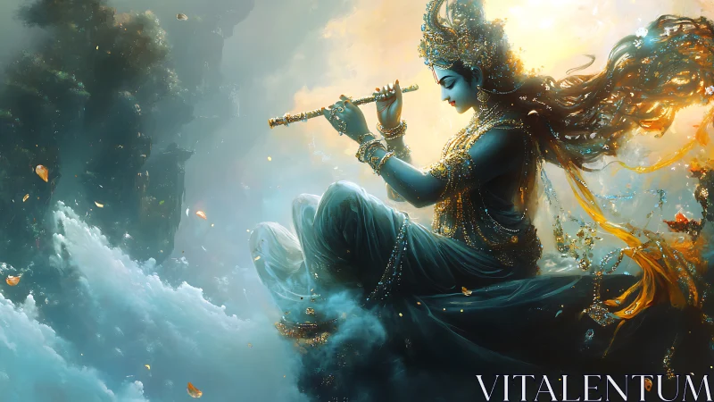 Divine blue figure plays flute amid clouds and light.