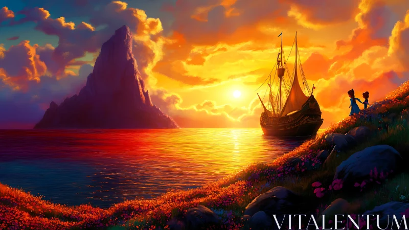Sunset-illuminated bay with sailing ship and distant monolith