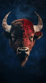 Bison portrait with red stripe on dark textured blue background.