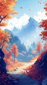 Mountain valley path bordered by orange autumn foliage.