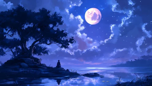 Moonlit lakeside dreaming beneath a quiet midnight sky.
