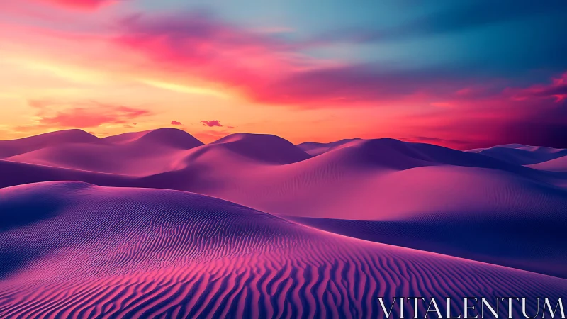 Neon-lit desert dunes roll beneath a vivid twilight sky.