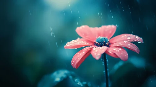Pink Daisy with Water Droplets Against Blue Background