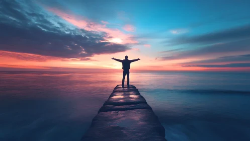 Silhouette on coastal pier aligned with symmetric sunset horizon.