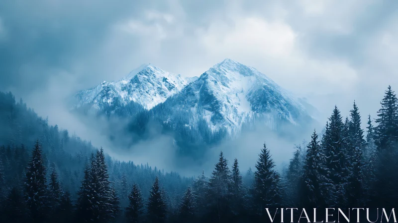 Snowy mountain peaks rising above a hushed winter forest.