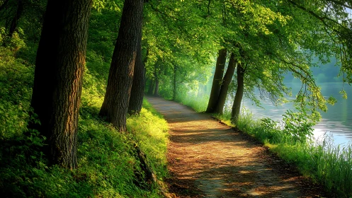 Tree-lined path with water body visible through forest canopy opening