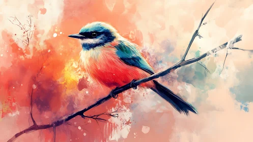 Vibrant watercolor bird on branch in dreamy abstract background.