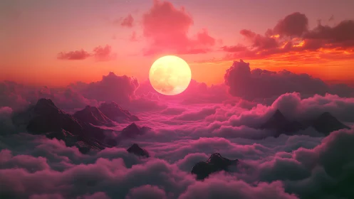 Luminous celestial sphere above magenta stratocumulus mountains.