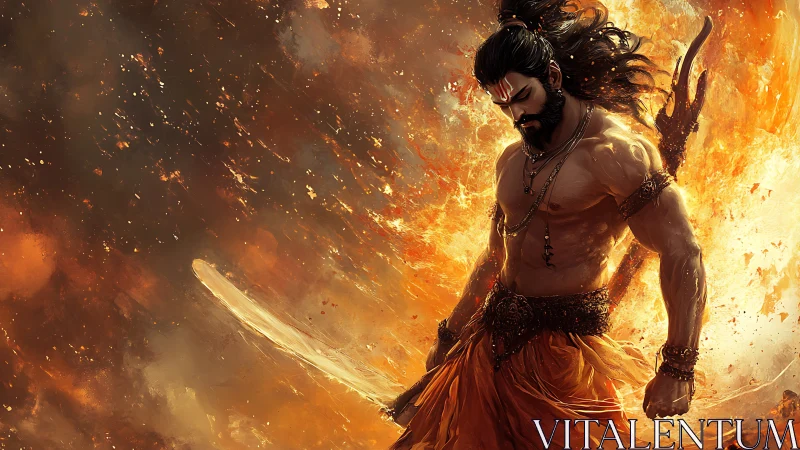 Warrior figure stands amid dynamic fire and motion effects