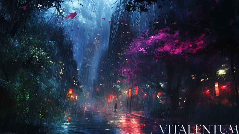 Neon city park absorbs heavy rain under glowing magenta trees