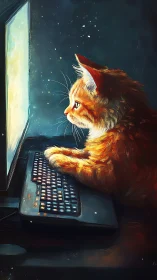 A Curious Ginger Cat Discovers the Glow of Late-Night Computing.
