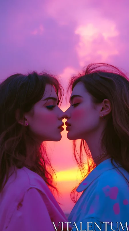 Two women almost kissing under vivid pink sunset sky.