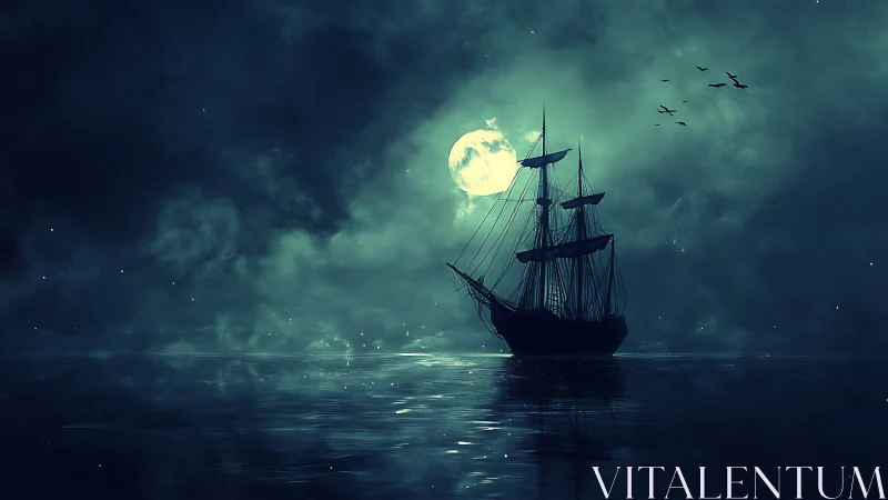Moonlit galleon silhouette cuts through atmospheric nocturnal sea