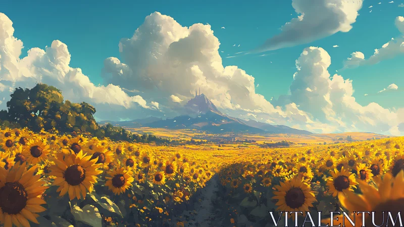 Sunflower field perspective under cumulonimbus mountain sky.