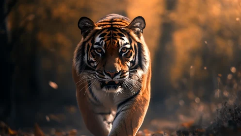 Tiger striding through golden bokeh forest with warm rim light.