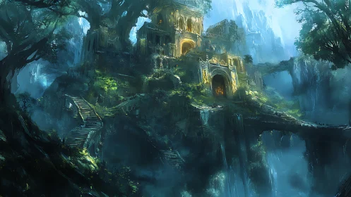 Hidden forest citadel glowing with ancient golden light.