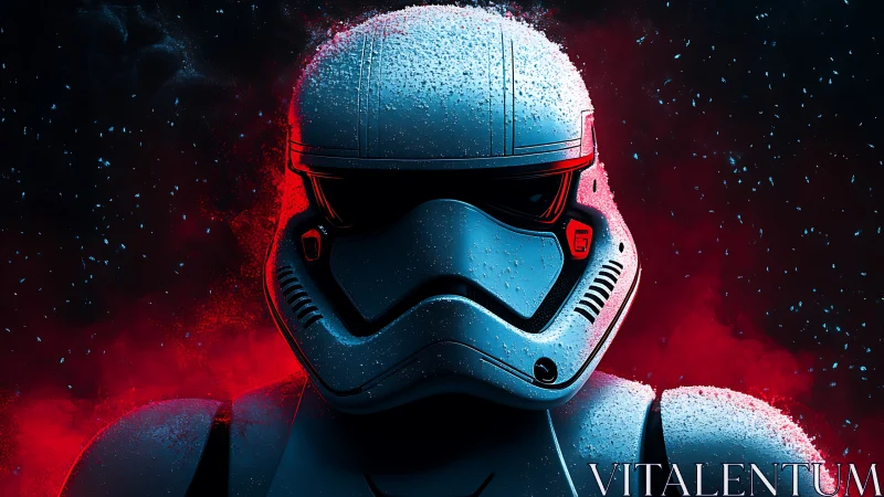 Armored sci fi helmeted figure in red mist environment.