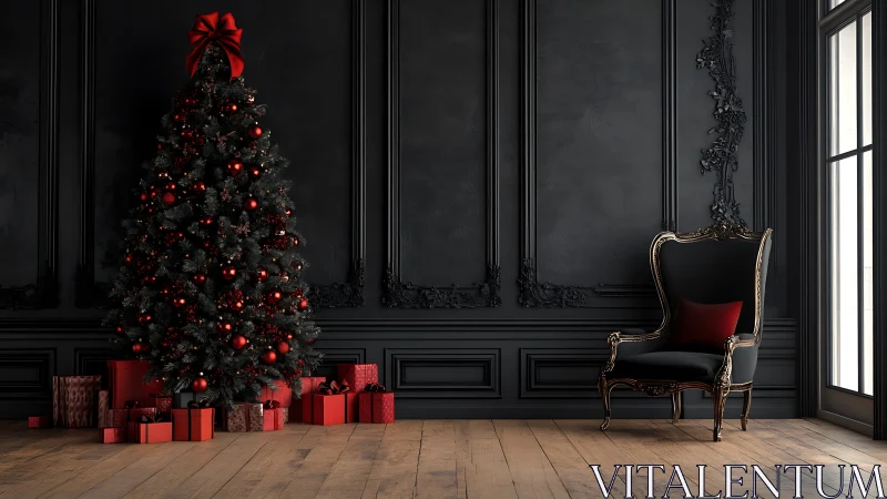 Midnight parlor Christmas tree crowned in crimson glamour.