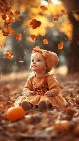 Toddler in golden forest watches drifting autumn leaves.