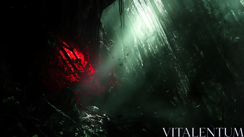 Red crystal shard burns inside cavernous green abyss